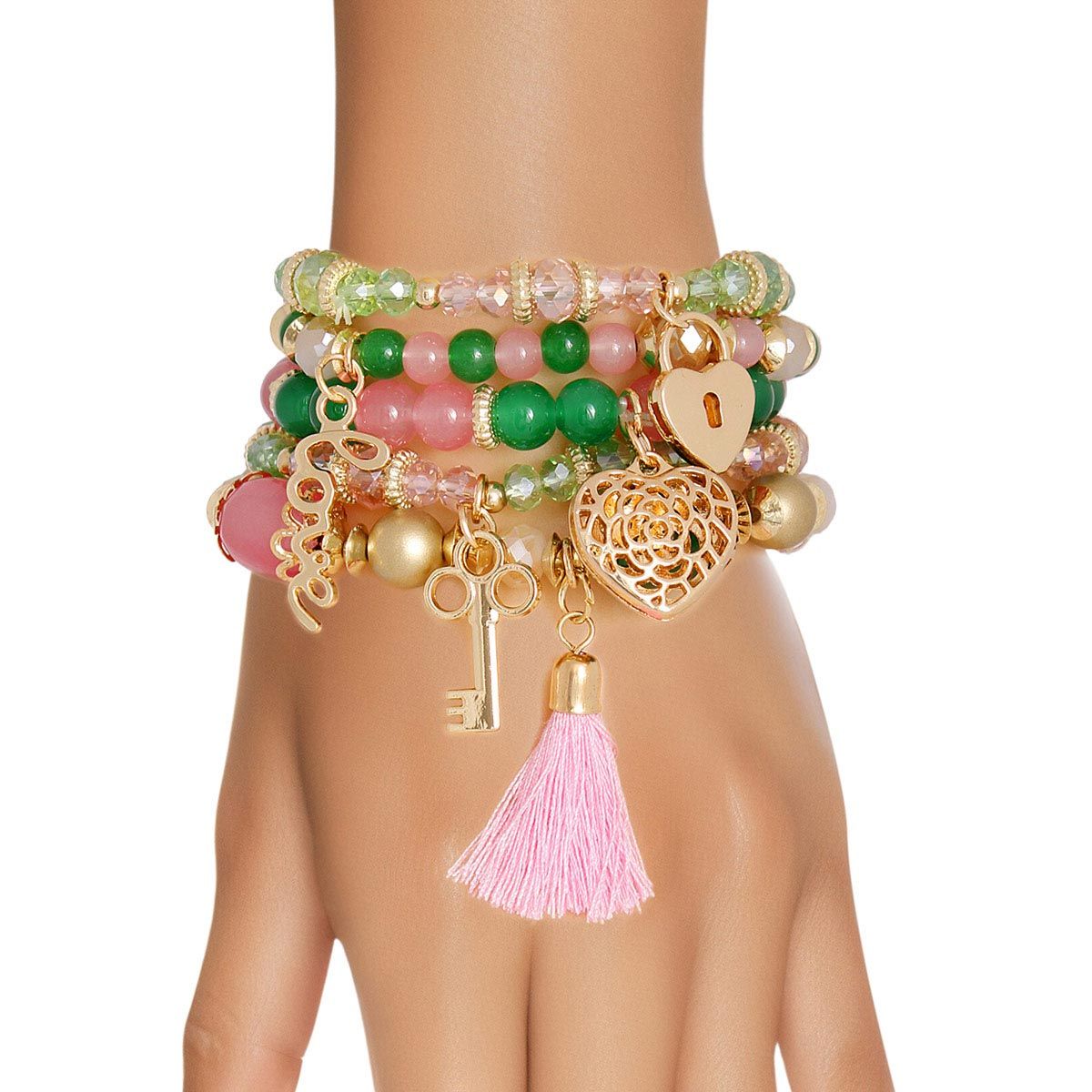 Pink Green Glass Love AKA Bracelets|Stretch to Fit