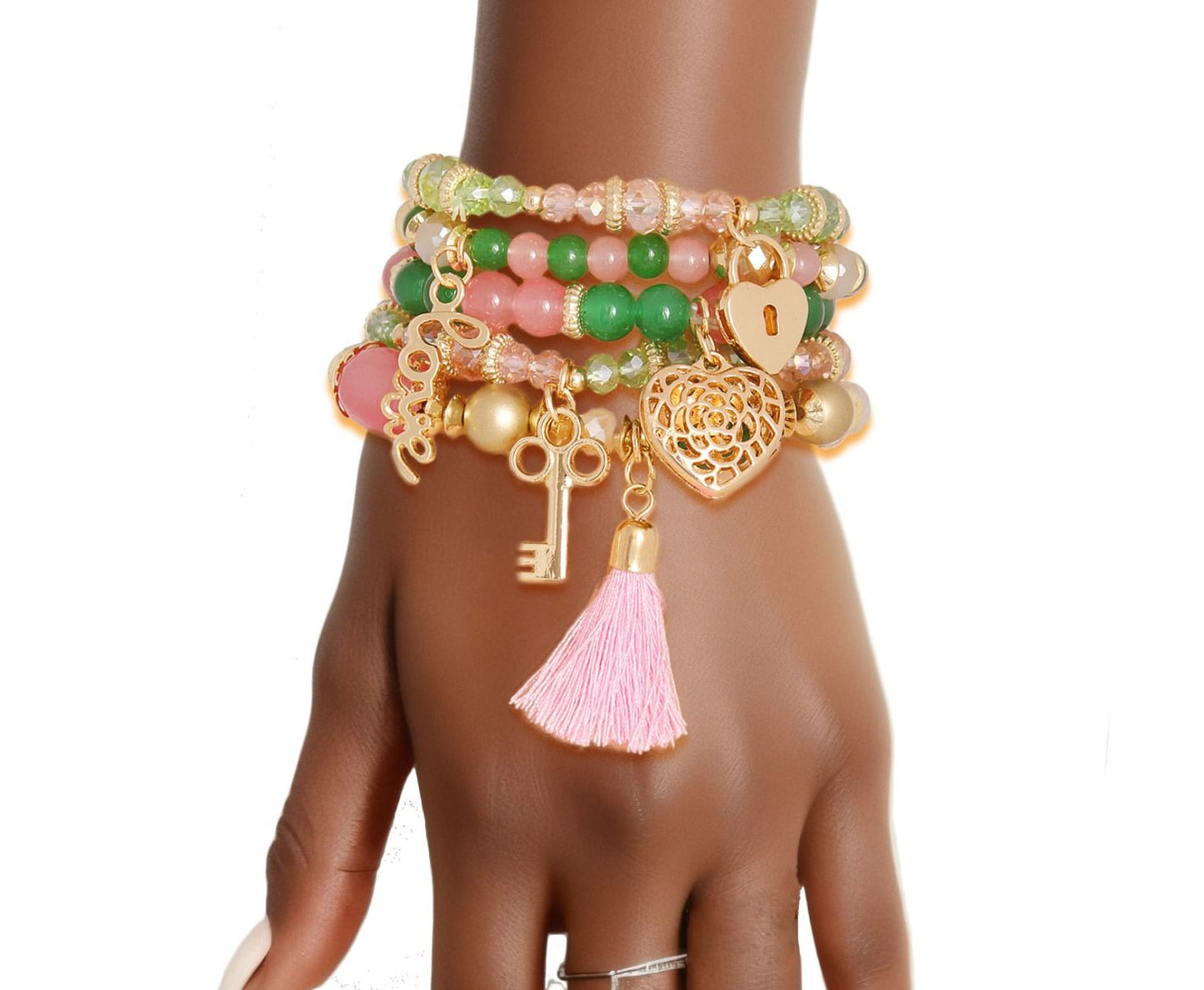 Pink Green Glass Love AKA Bracelets|Stretch to Fit