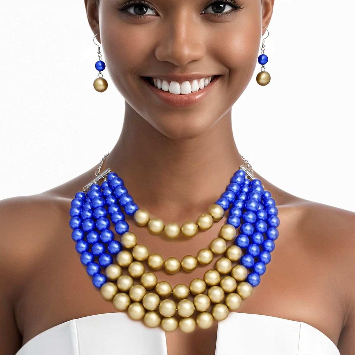 SGRHO Blue Matte Gold 5 Row Pearl Set Women