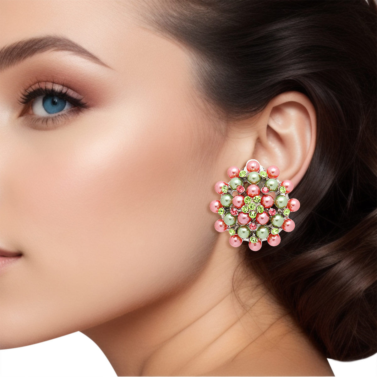 AKA Clip On Pink Green Small Pearl Earrings