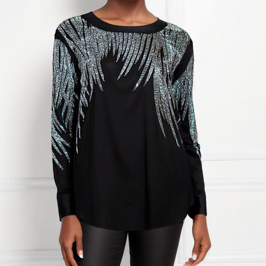 Long Sleeve Shirt Black Bling Wings for Women