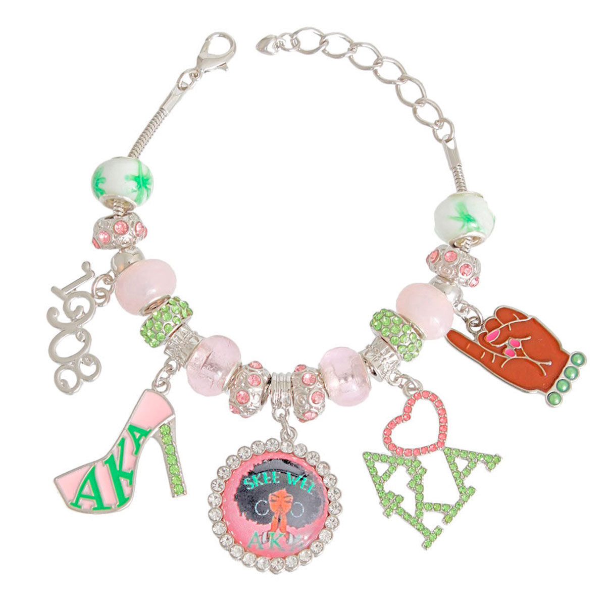 AKA Pink Green Sorority Charm Bracelet