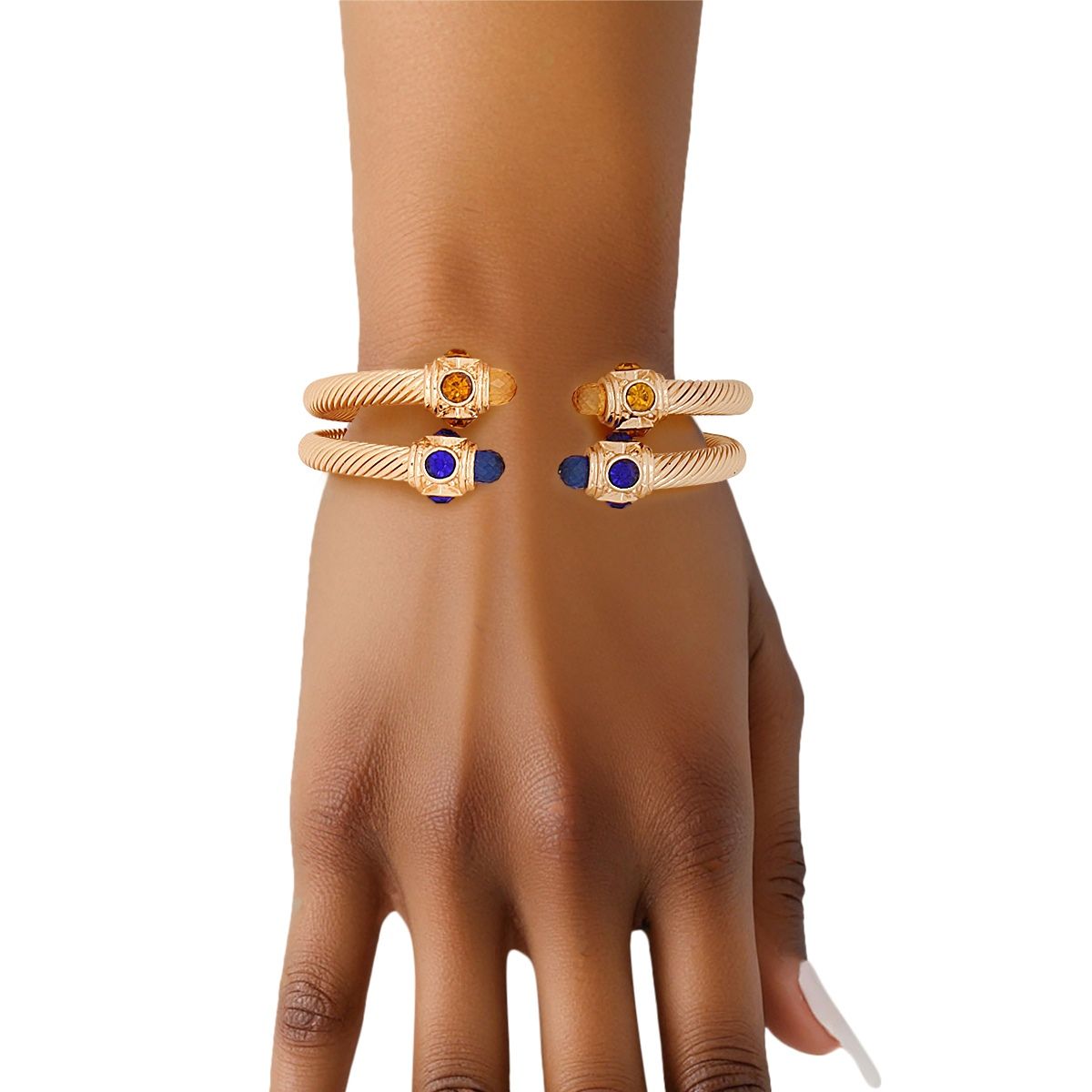 SGRHO Blue Gold Crystal Cable Bangle Bracelet Set