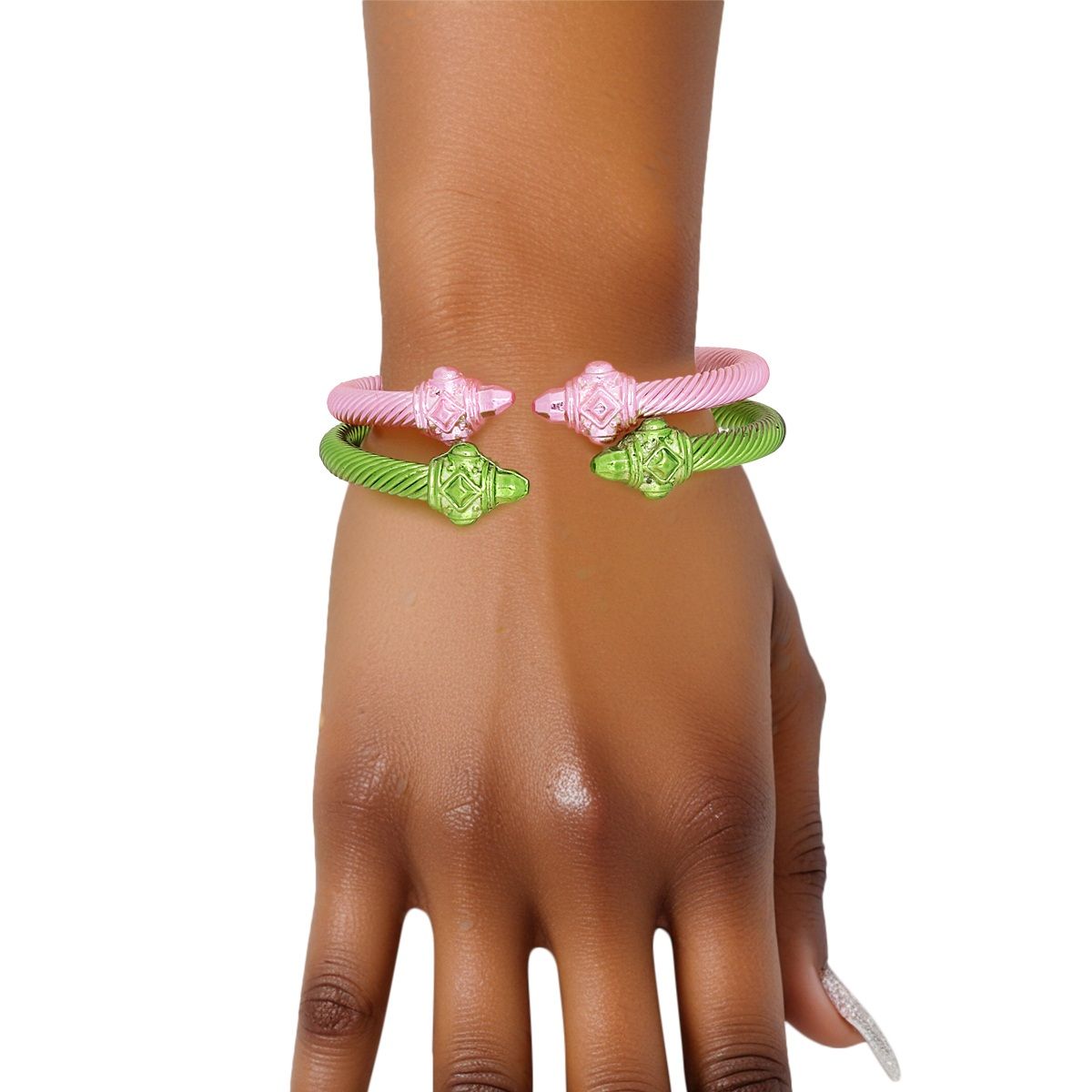 AKA Sorority Pink Green Pointed Cable Bangle Set