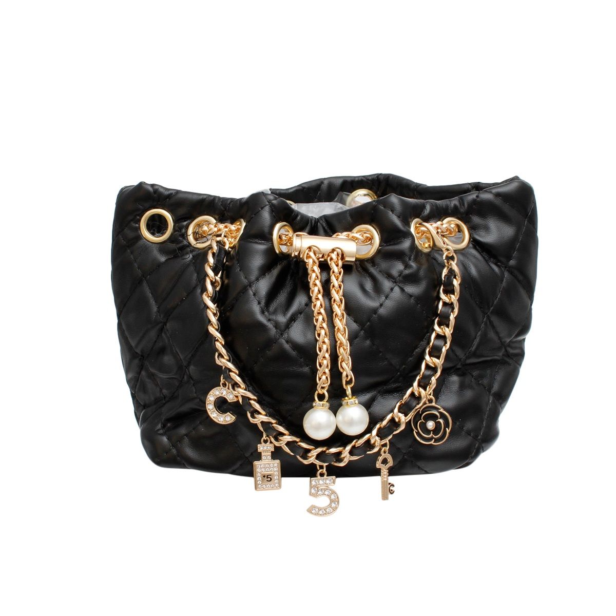 Mini Bucket Black Quilted Gold Camellia Luxe Bag