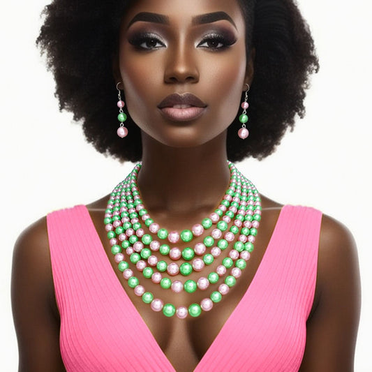 AKA Alternating Pink Green Pearl 5 Strand Necklace