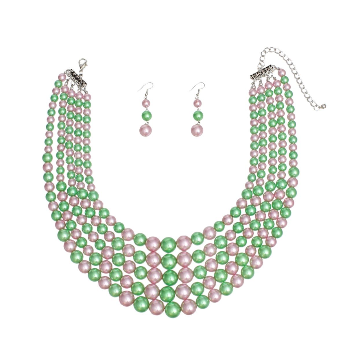 AKA Alternating Pink Green Pearl 5 Strand Necklace