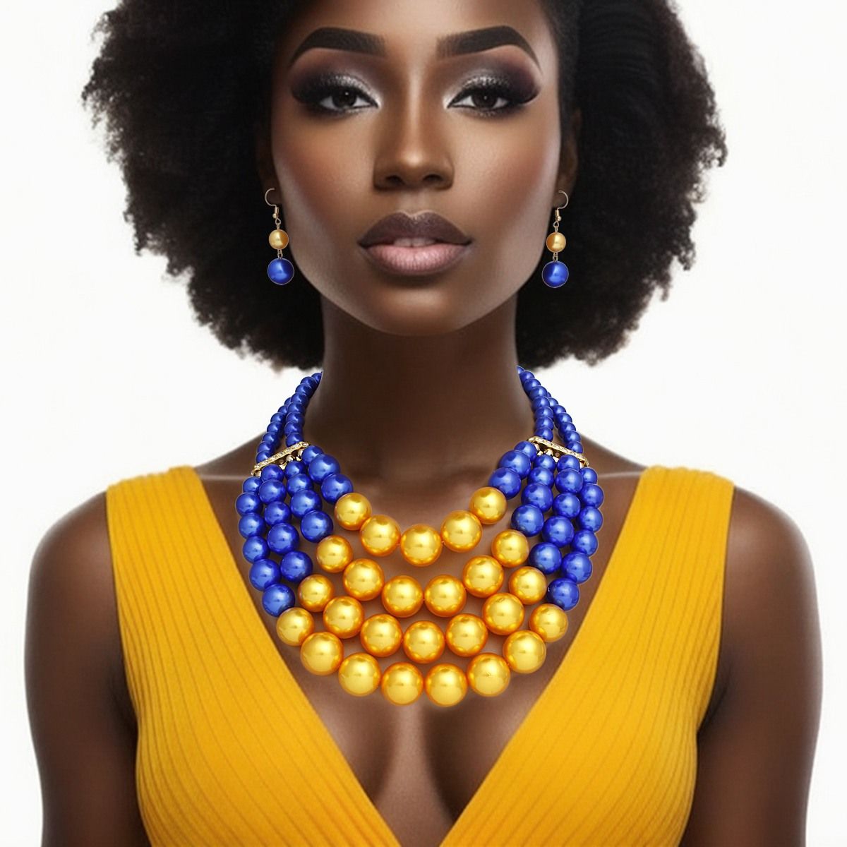 SGRHO Chunky Blue Gold Pearl Bib Necklace Set