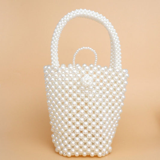 Top Handle Bucket Cream Pearl Woven Handmade Bag