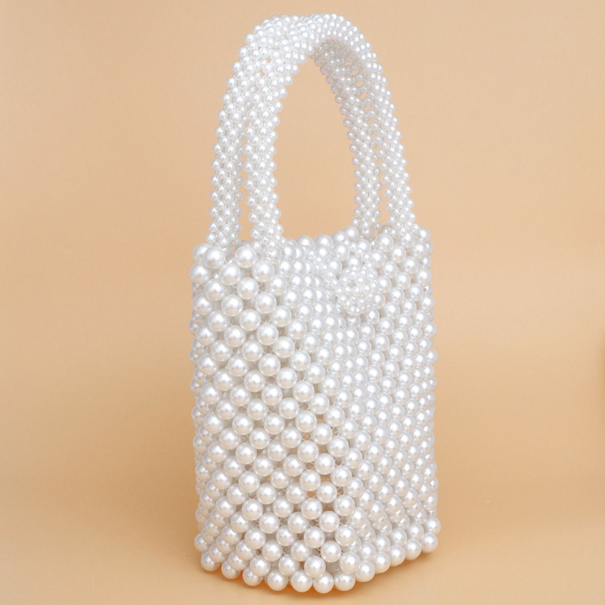 Top Handle Bucket White Pearl Woven Handmade Bag