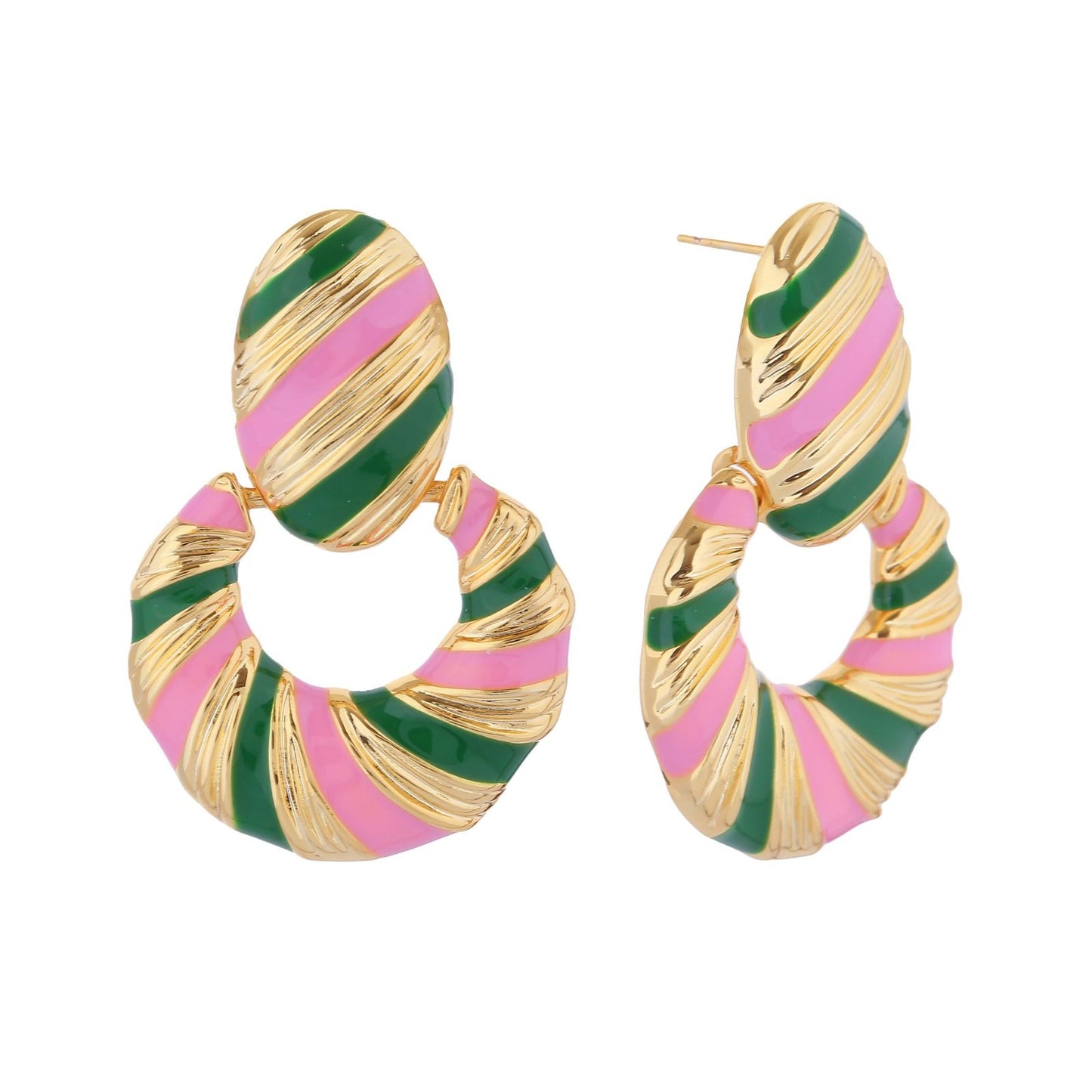 Drop 14K Gold Pink Green Stripe Twist Earrings