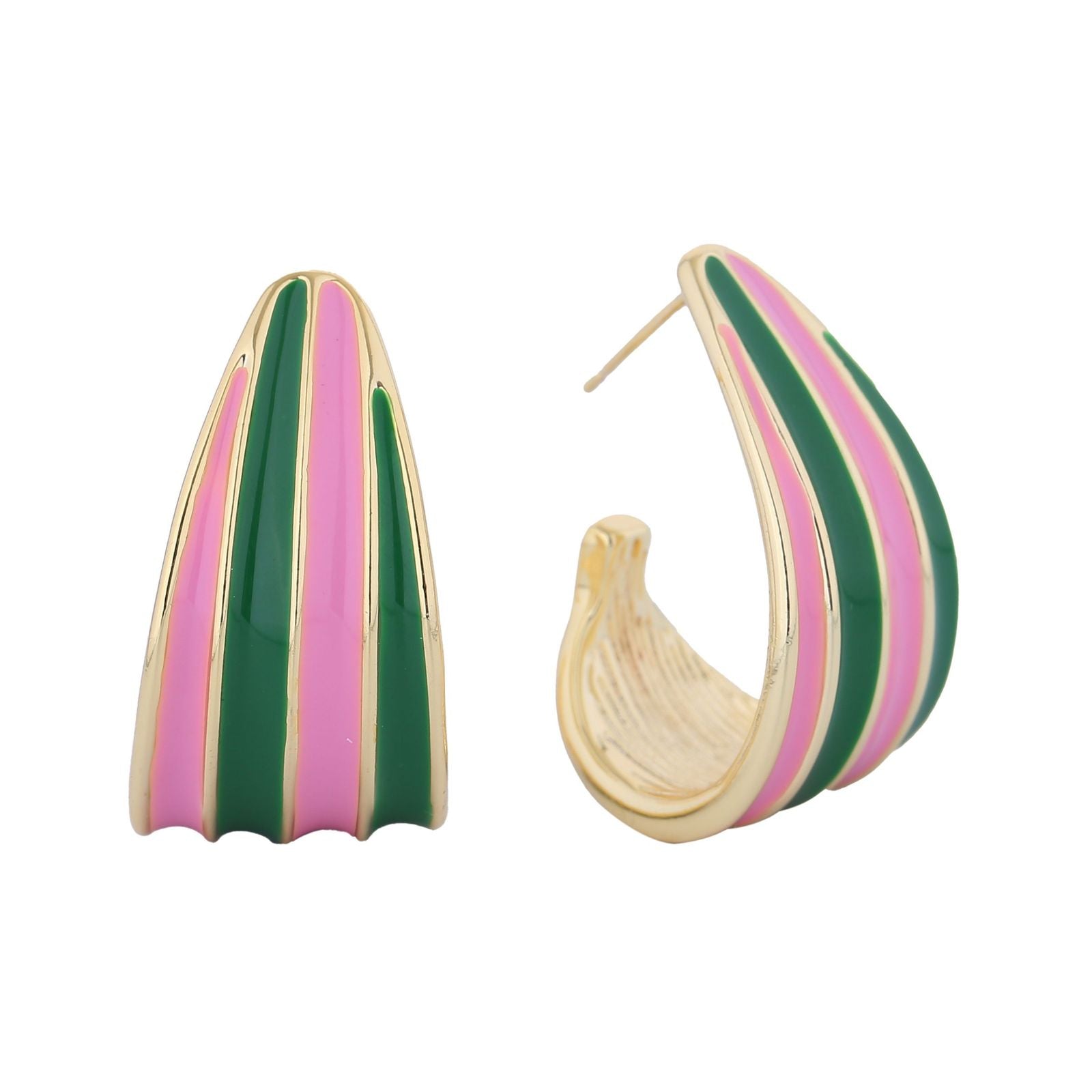 Open Hoop 14K Gold Pink Green Stripe Earrings