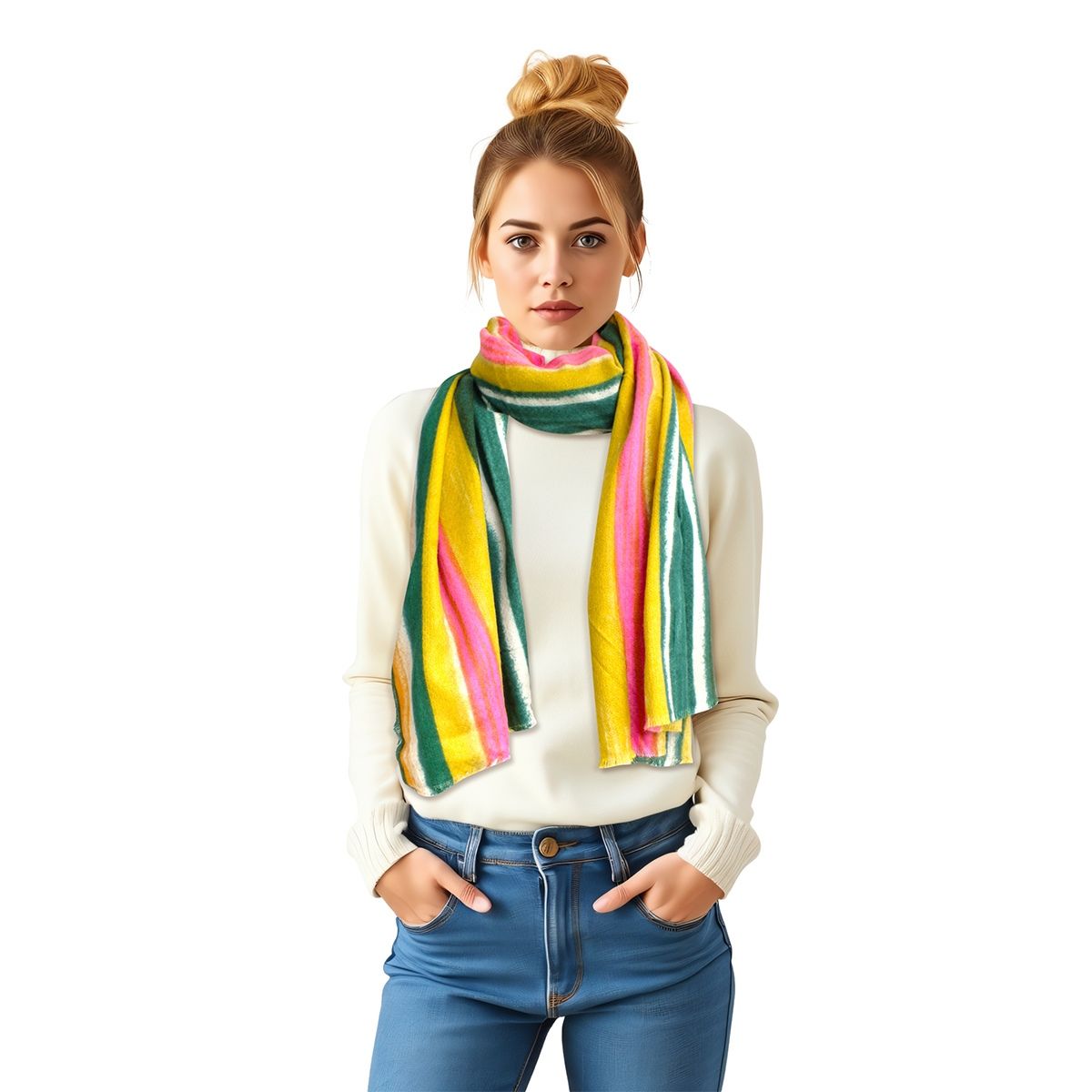 AKA Pink Green Yellow Striped Knit Scarf Women